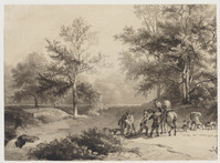 TvB T 214
<br/>
Bosachtig landschap met jagers
<br/>
<em>Koekkoek, Barend Cornelis (1803 - 1862)</em>